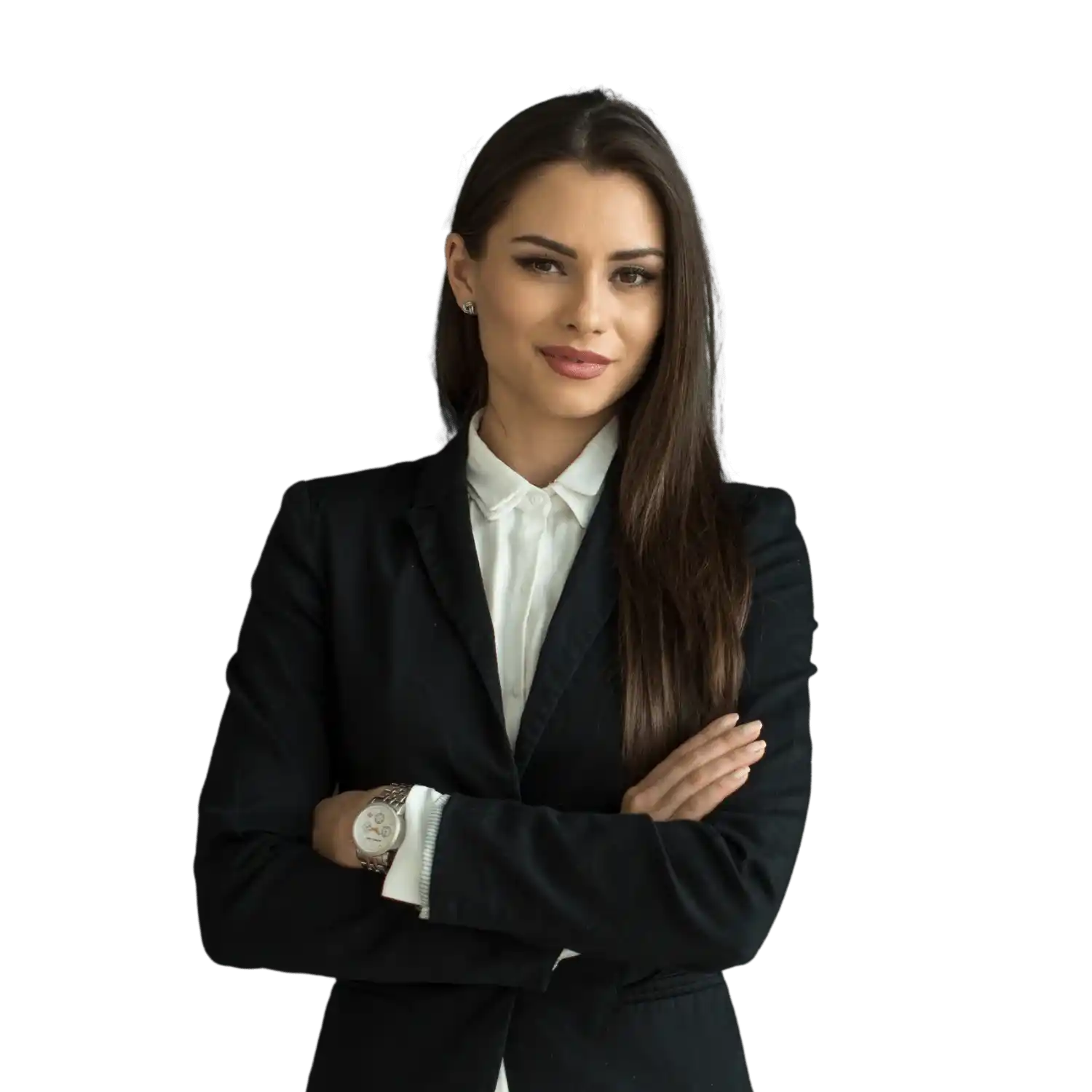 A confident professional woman in a suit encouraging candidates to apply for Cnear's program to secure job offers with a discount.