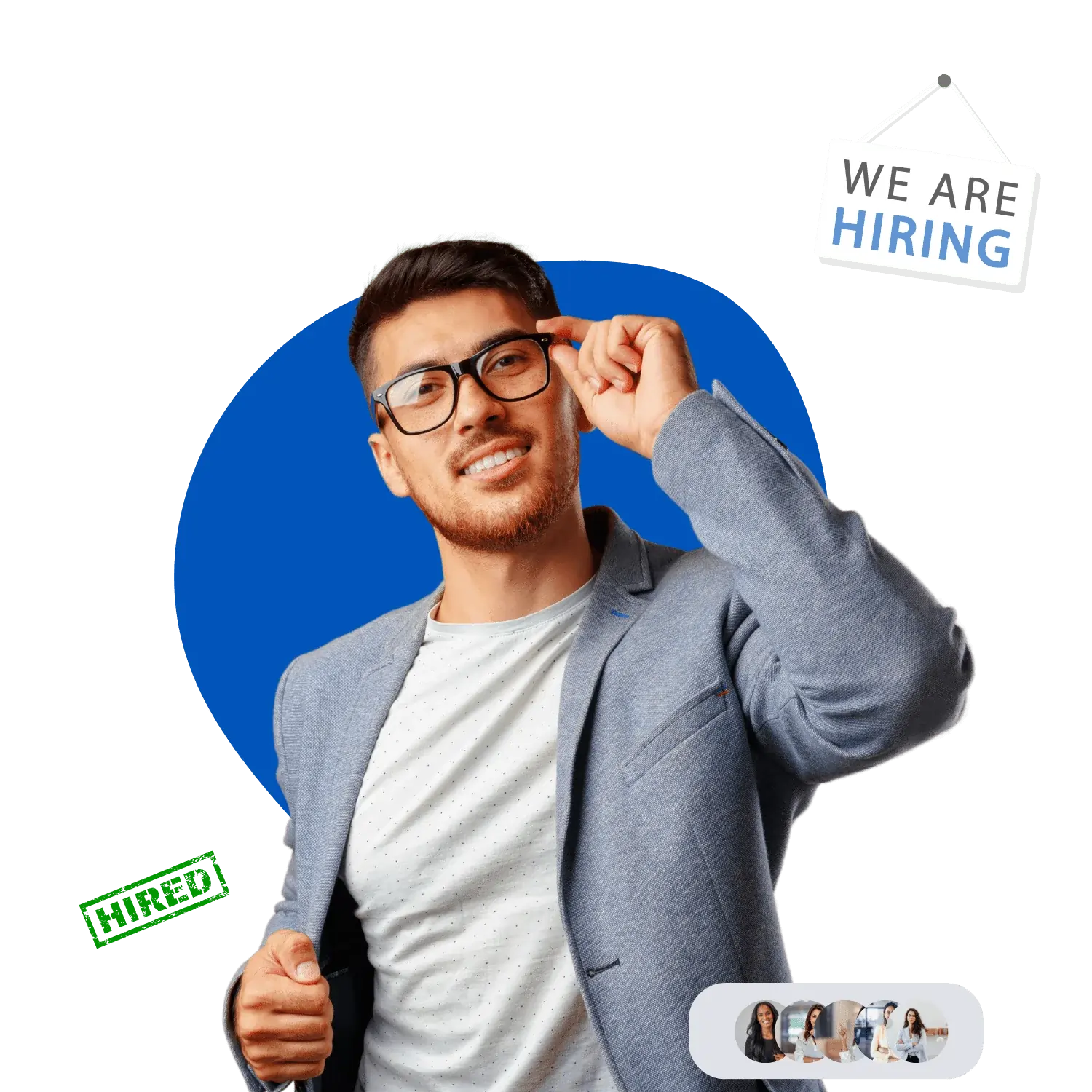 Young professional in glasses pointing confidently with a 'We Are Hiring' sign, promoting Cnear as the easiest way to get your new job.