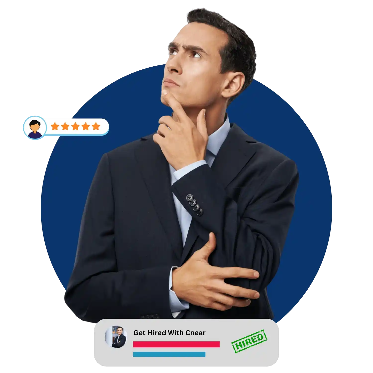 A professional man in a thoughtful pose with a hiring badge, representing Cnear's platform for job seekers to get hired successfully.