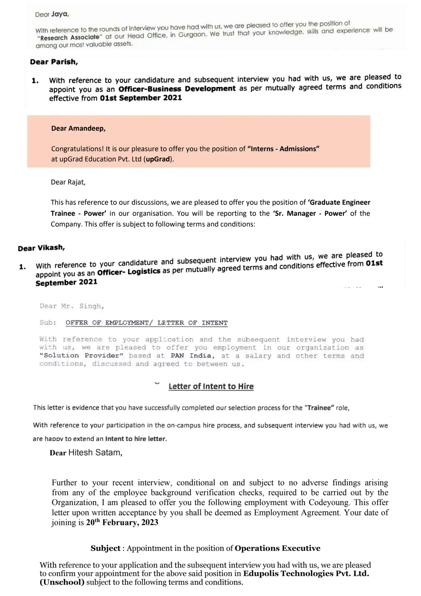 Collection of offer letters and employment confirmations for candidates, featuring roles like Officer-Business Development, Operations Executive, and Trainee positions.