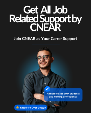 blog-cnear A professional man in glasses smiling with folded arms against a dark background. Text reads: "Get All Job Related Support by CNEAR. Join CNEAR as Your Career Support." A badge highlights "Already placed 10k+ students and working professionals" and a Google rating of 4.9 stars.