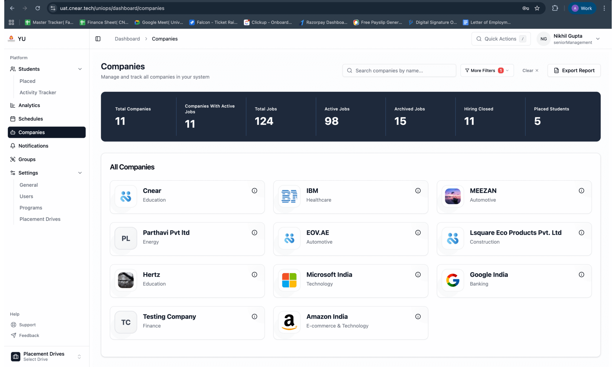 Falcon by CNEAR placement management dashboard showing companies jobs and student placement analytics