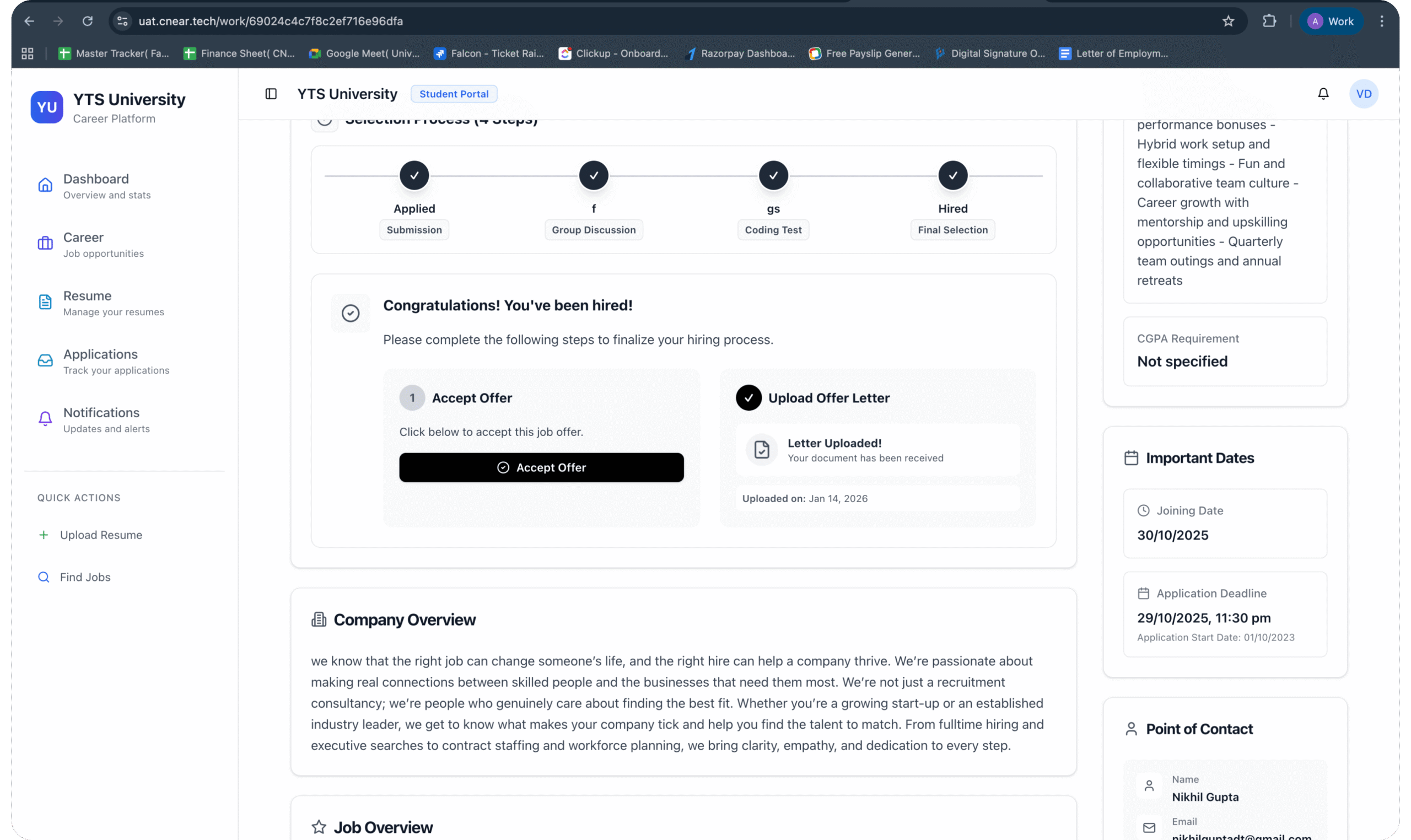 CNEAR Falcon student dashboard showing job offer acceptance and placement workflow for university students